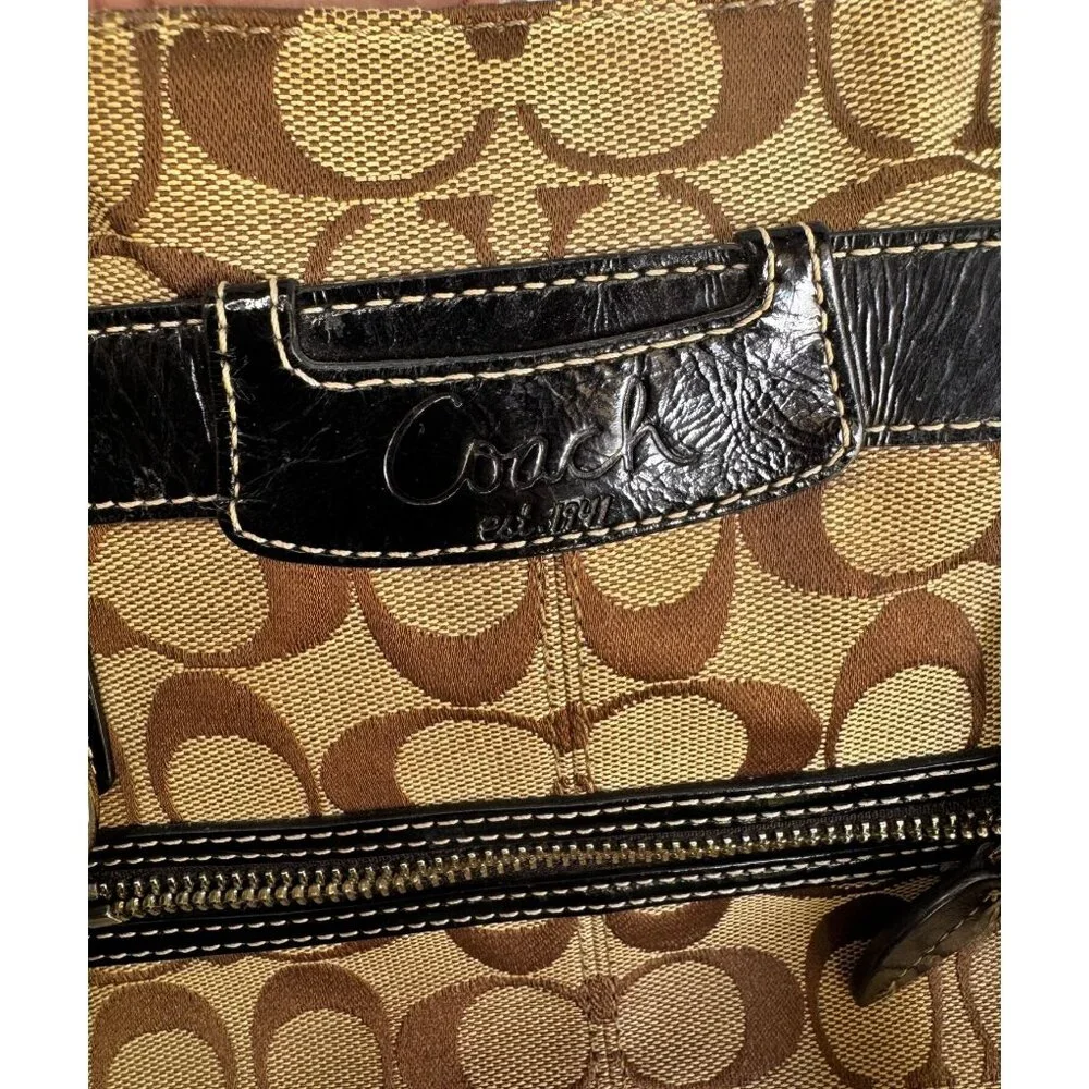 Coach Signature C Tote Bag Khaki Brown Black Leather Trim With Wristlet F14686 - Picture 6 of 8